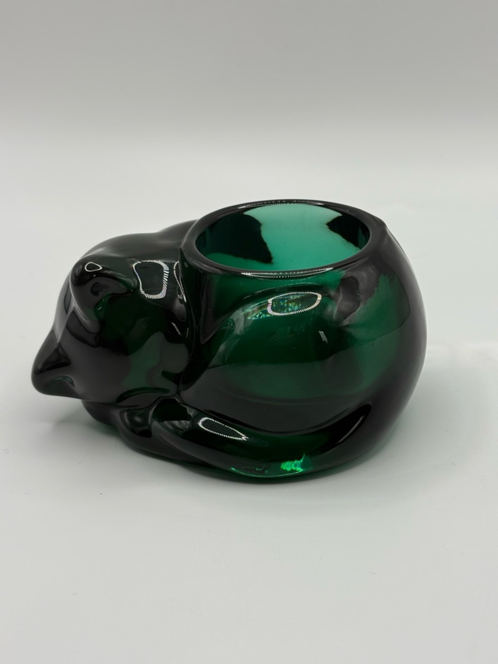 Green Art glass Votive Candle holder curled up kitten cat 2.5”X5” decor or gift